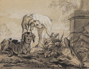 Na de Jacht - Twee Honden naast een Zwijnenkop
